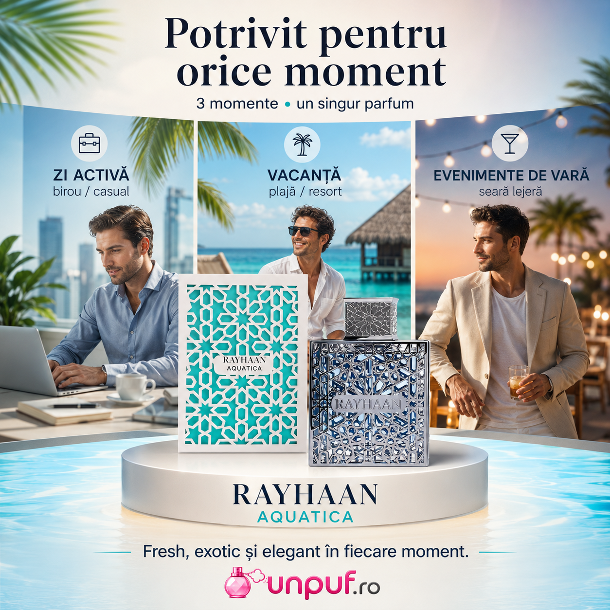 Prezentare Rayhaan Aquatica EDP 100 ml, parfum Arăbesc pentru bărbați cu ambalaj premium și flacon elegant